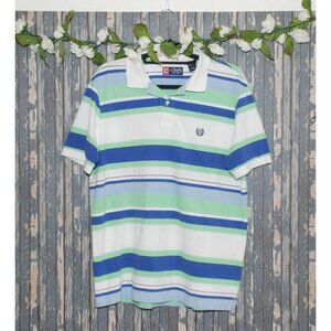 Chaps Mens Short Sleeve Polo Shirt Size L White Blue & Green Striped Preppy Golf